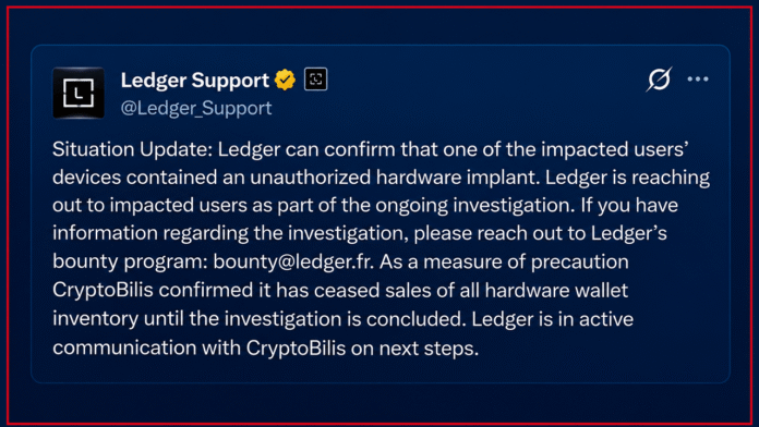 Ledger Confirms Hidden Hardware Implant in Affected User’s Wallet Ledger Confirms Hidden Hardware Implant in Affected User’s Wallet